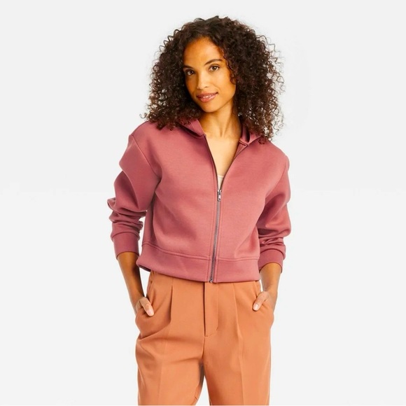 a new day Tops - Dusty Rose Cropped Zip-Up Hoodie